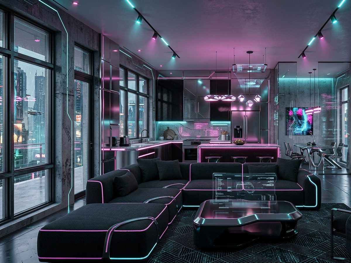 A room before and after a Cyberpunk AI redesign (After)