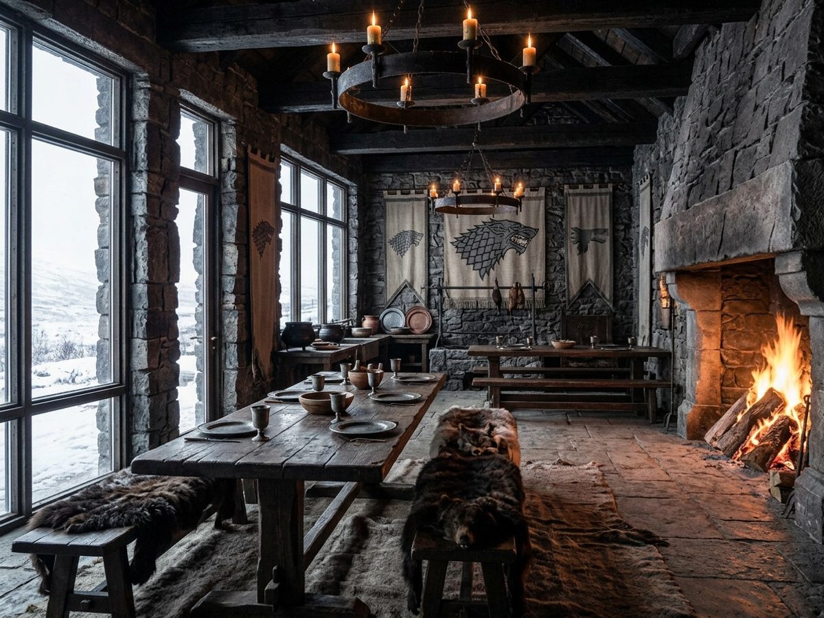 A room before and after a Winterfell Great Hall AI redesign (After)